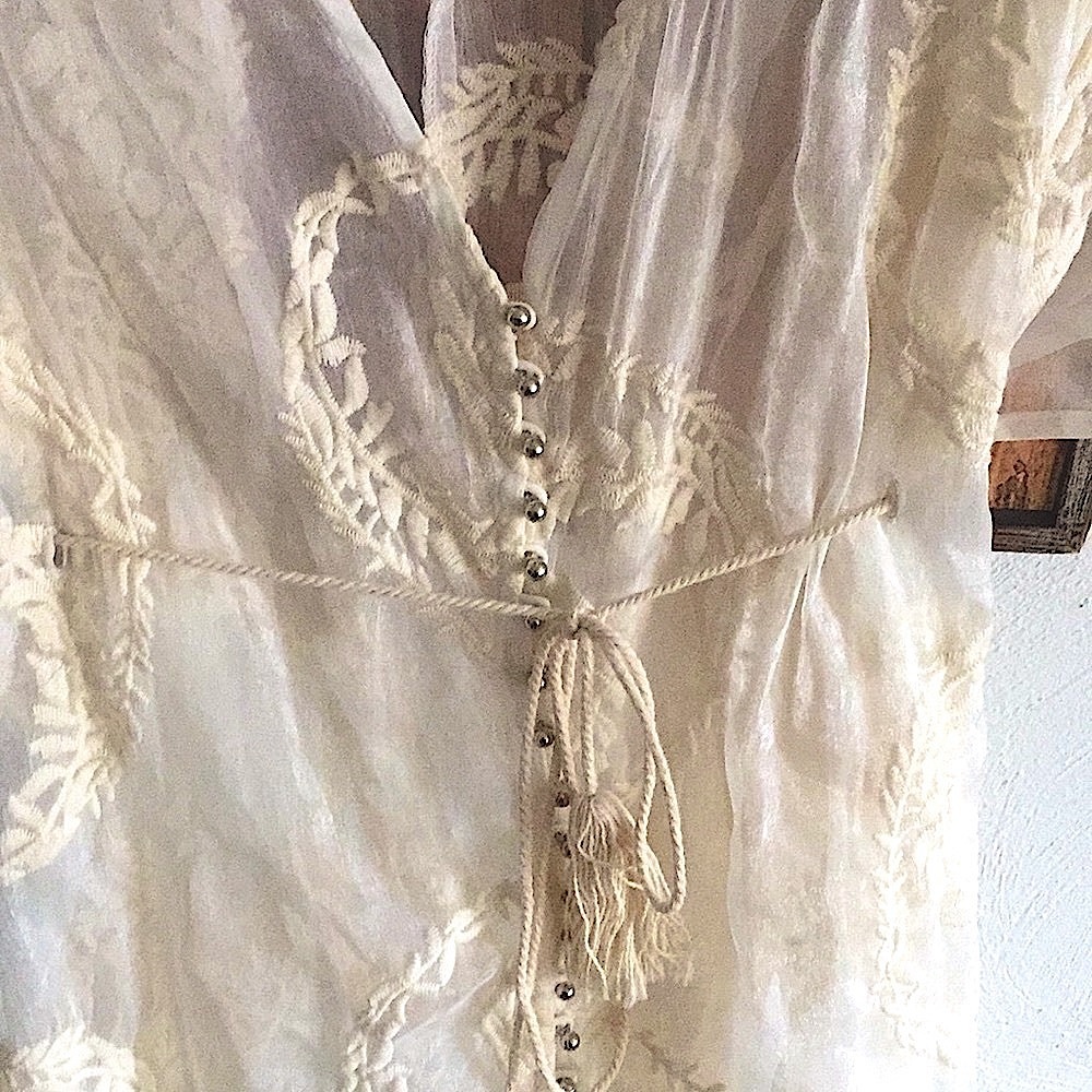 BOHO IVORY EMBROIDERED LONG KIMONO DRESS SHEER ADJUSTABLE KAFTAN S M L - Picture 7 of 12